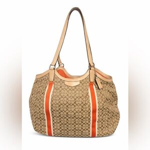 👜 Coach Signature Stripe Devin Shoulder Bag | Tan Canvas & Orange Stripe